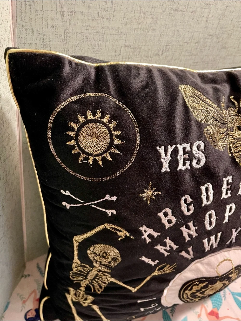 Ouija Planchette Embroidered Velvet Pillow - Black and Gold with Skeletons